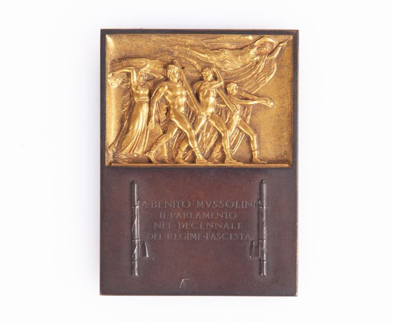 Placchetta Uniface Emessa in Onore di Benito Mussolini dal Parlamento in Occasione del Decennale ...