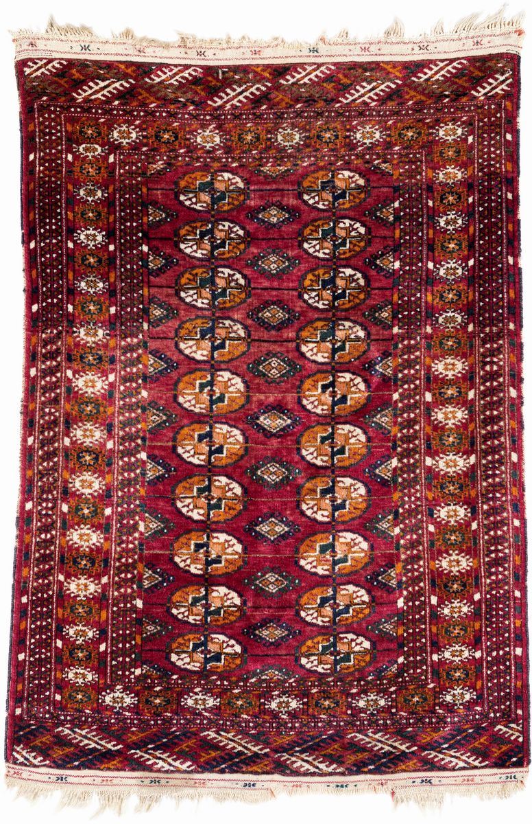 Tappeto Turkmenistan Bukhara di Vecchia Fattura Annodato a Mano