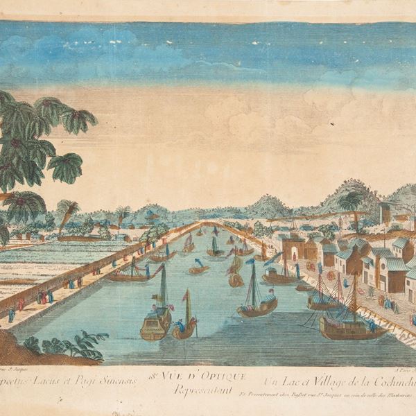 5 Vedute ottiche francesi raffiguranti vedute fantastiche di Napoli, Venezia, Palmira