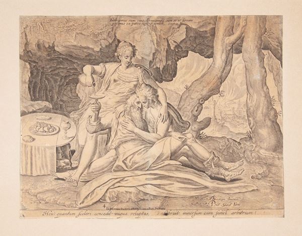 Philip Galle,Anthonie Blockland van - A. Blocklant Inventor, P.hlp Gallé Fecit - Loth e le figlie con l'incendio di Sodoma sullo sfondo