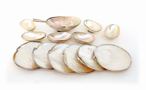 Servizio da cocktail in madreperla naturale bordata in argento 925