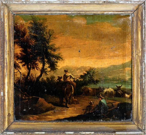 Scuola Romana del XVII secolo - Paesaggio con pastori