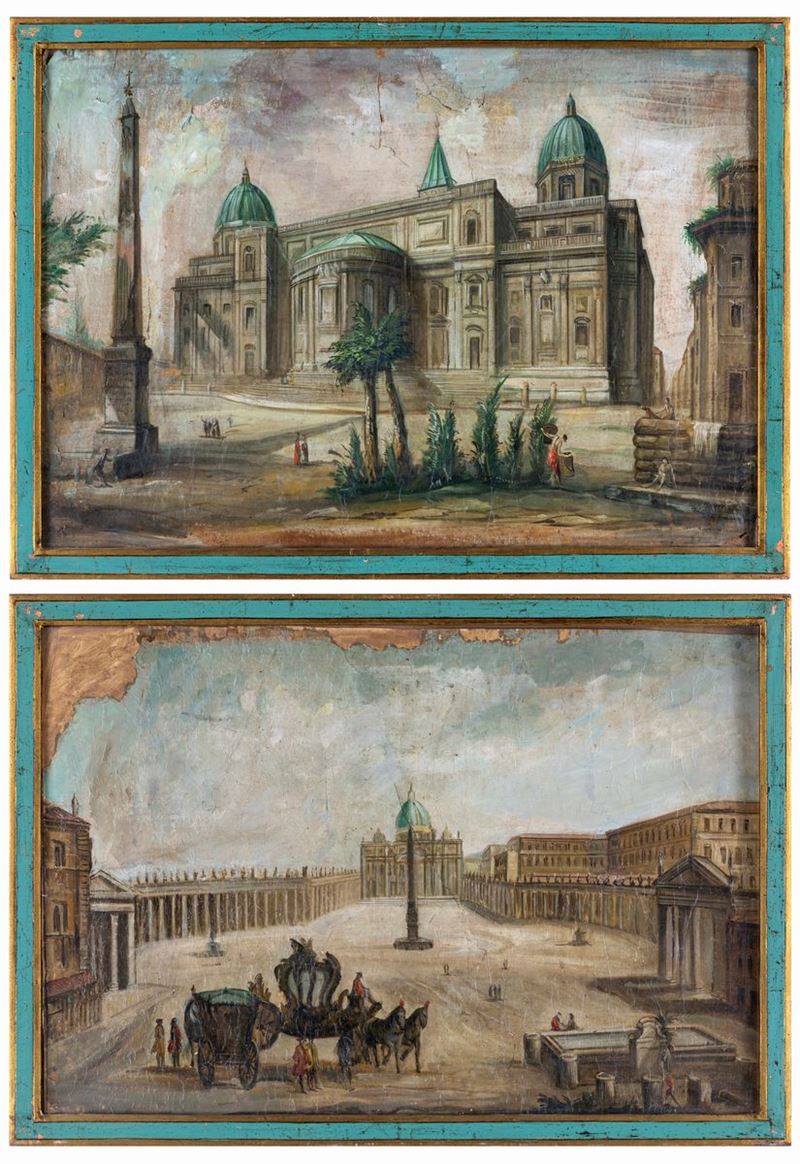 Pittore del XIX Secolo - A) L'abside di Santa Maria Maggiore B) Piazza San Pietro