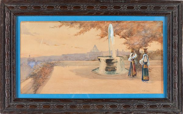 Pittore del XX secolo - Veduta di Roma da Villa Medici sul Monte Pincio con la fontana della palla di cannone 