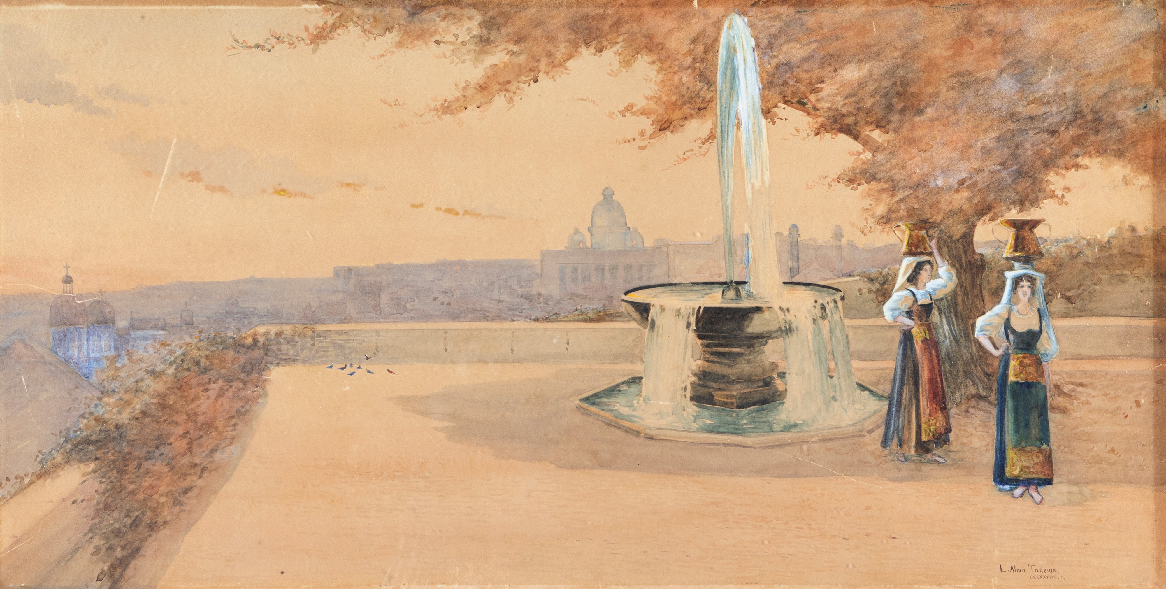 Pittore del XX Secolo - Veduta di Roma da Villa Medici sul Monte Pincio con la Fontana della Pall...