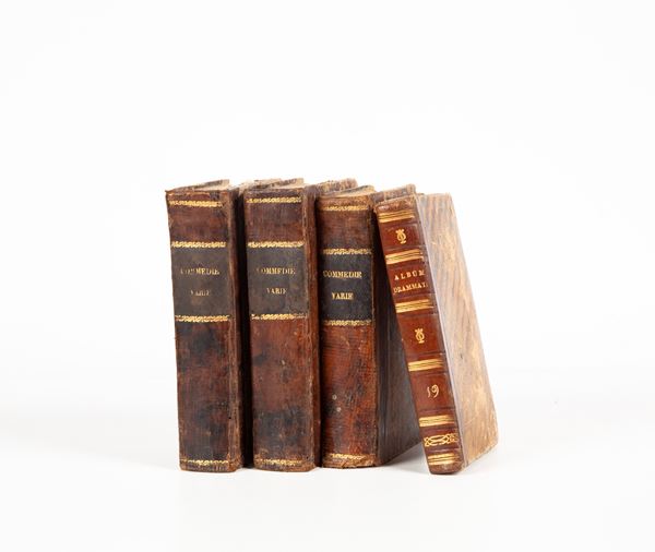3 Volumi contenenti Fascicoli del Nuovo Repertorio Drammatico della Libreria Teatrale di Angelo Romei di Firenze; insieme a un volume di miscellanea teatrale del XIX secolo