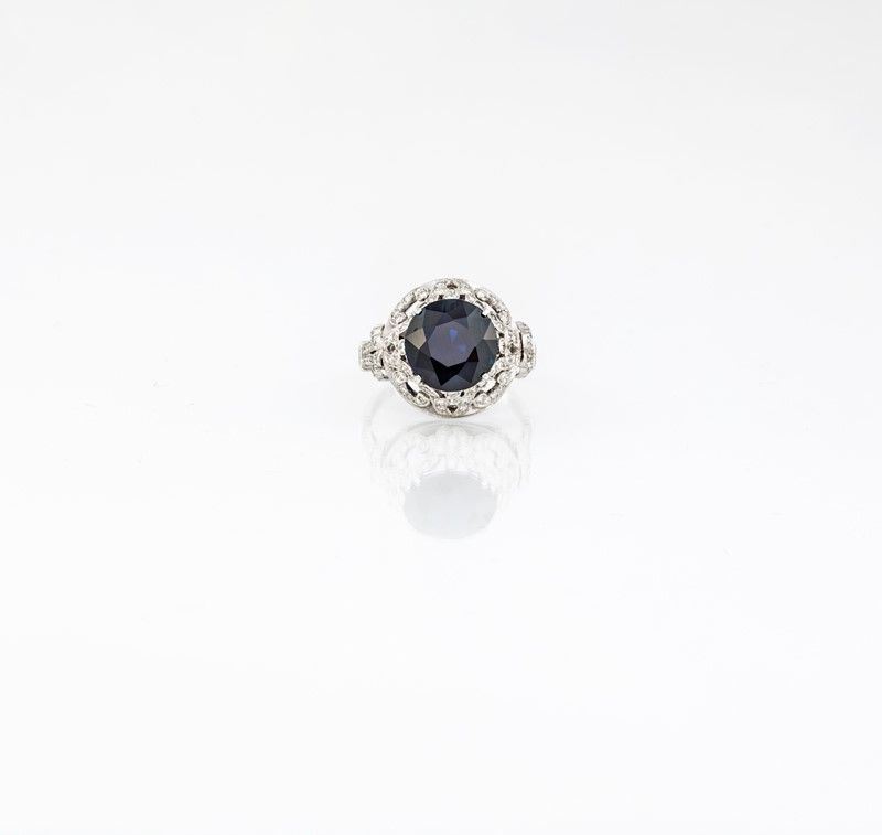 Anello in Platino Brillanti e Zaffiro