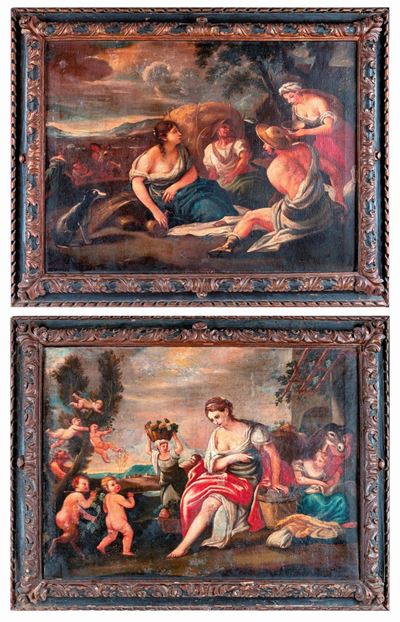 Coppia di Dipinti con Putti, Contadini e Fanciulle