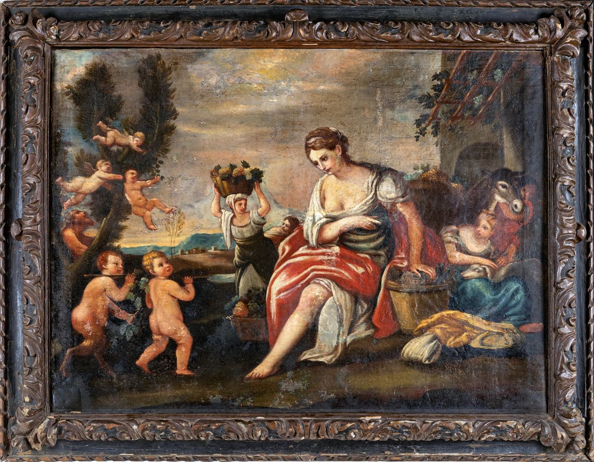 Pittore Romano del XVII Secolo - Coppia di Dipinti con Putti, Contadini e Fanciulle