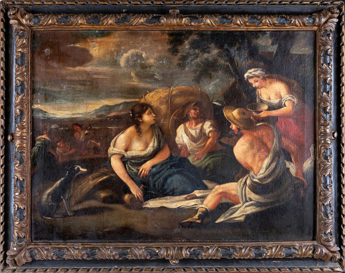 Pittore Romano del XVII Secolo - Coppia di Dipinti con Putti, Contadini e Fanciulle