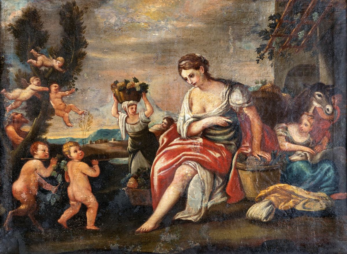 Pittore Romano del XVII Secolo - Coppia di Dipinti con Putti, Contadini e Fanciulle