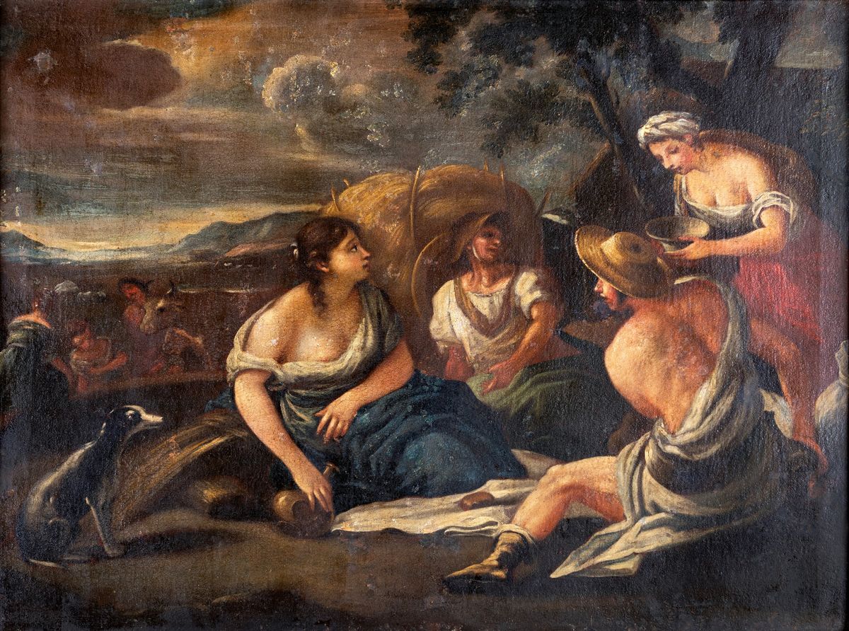 Pittore Romano del XVII Secolo - Coppia di Dipinti con Putti, Contadini e Fanciulle