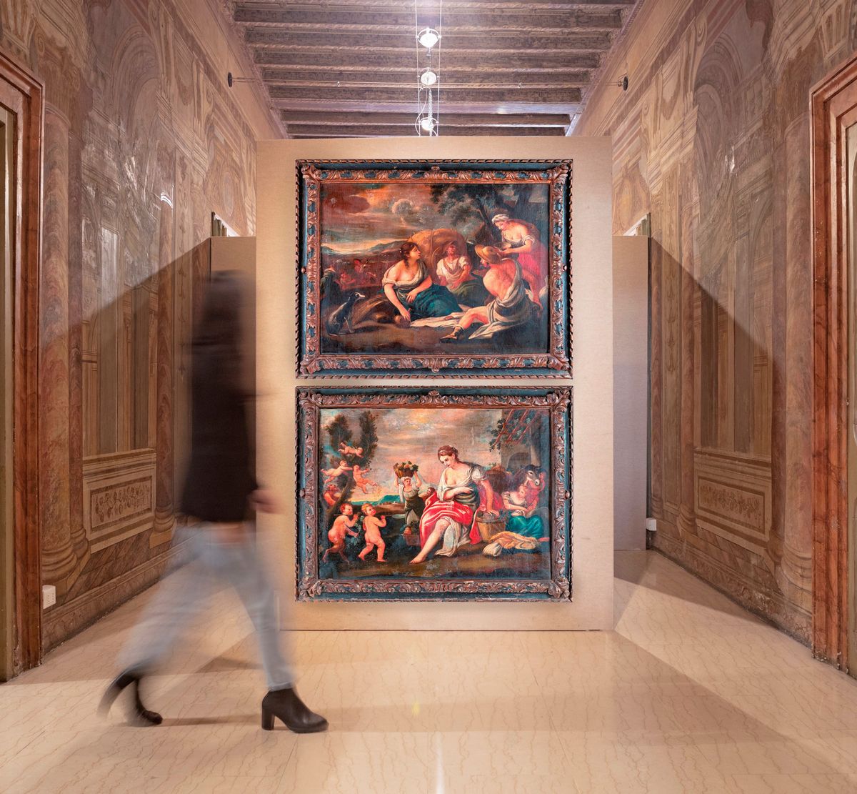 Pittore Romano del XVII Secolo - Coppia di Dipinti con Putti, Contadini e Fanciulle
