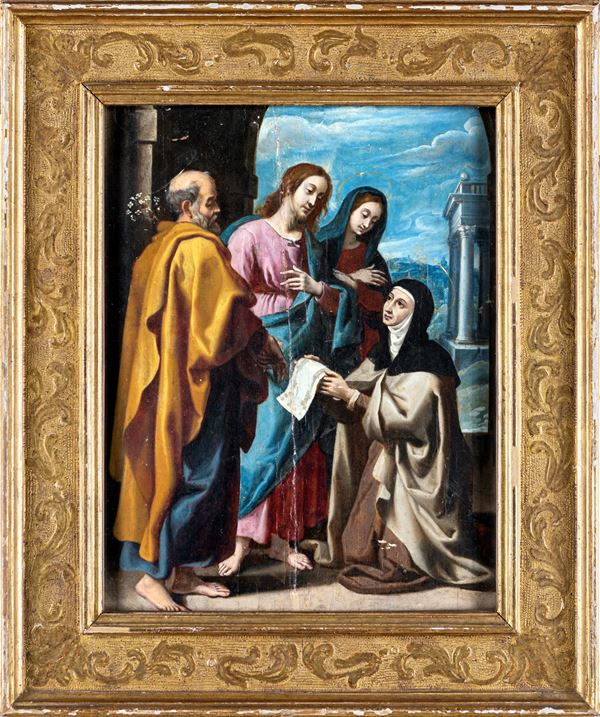 Pittore romano del XVII secolo - Santa Domenica mostra a Cristo e a San Giuseppe il progetto di una chiesa