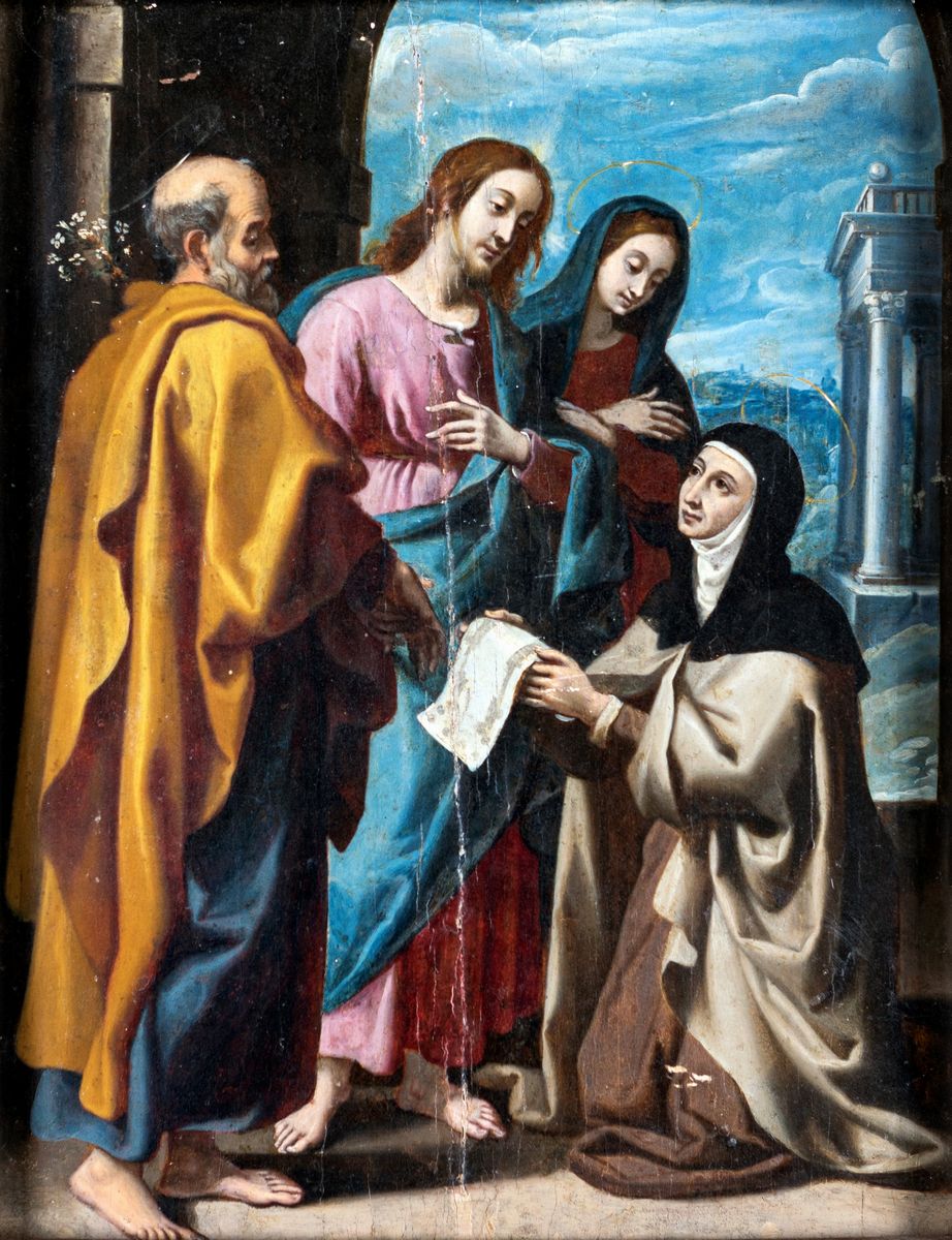 Pittore Romano del XVII Secolo - Santa Domenica Mostra a Cristo e a San Giuseppe il Progetto di u...