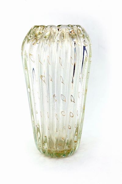 Vaso in Vetro Incolore con Inclusioni Dorate, Arte Vetraria Muranese
