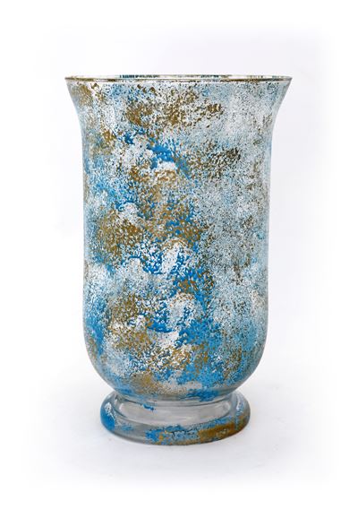 Vaso in Vetro Incolore Dipinto Azzurro e Oro