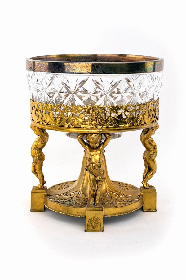Coppa centrotavola in cristallo e metallo dorato, fine del XIX secolo