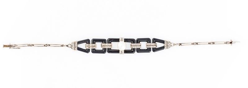 Bracciale Art Deco in Oro, Onice Diamanti e Perla Naturale