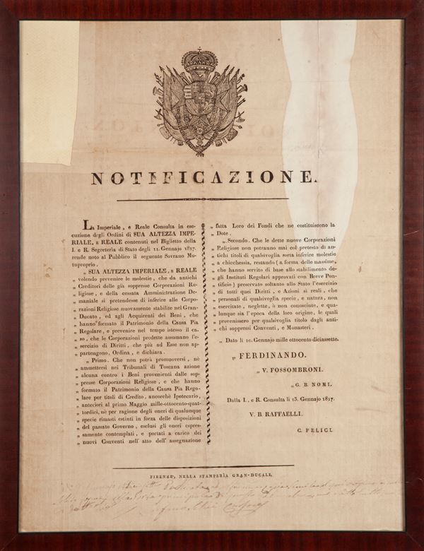 Notificazione del Granducato di Toscana emanata dal Granduca Ferdinando III il 10 Gennaio 1817