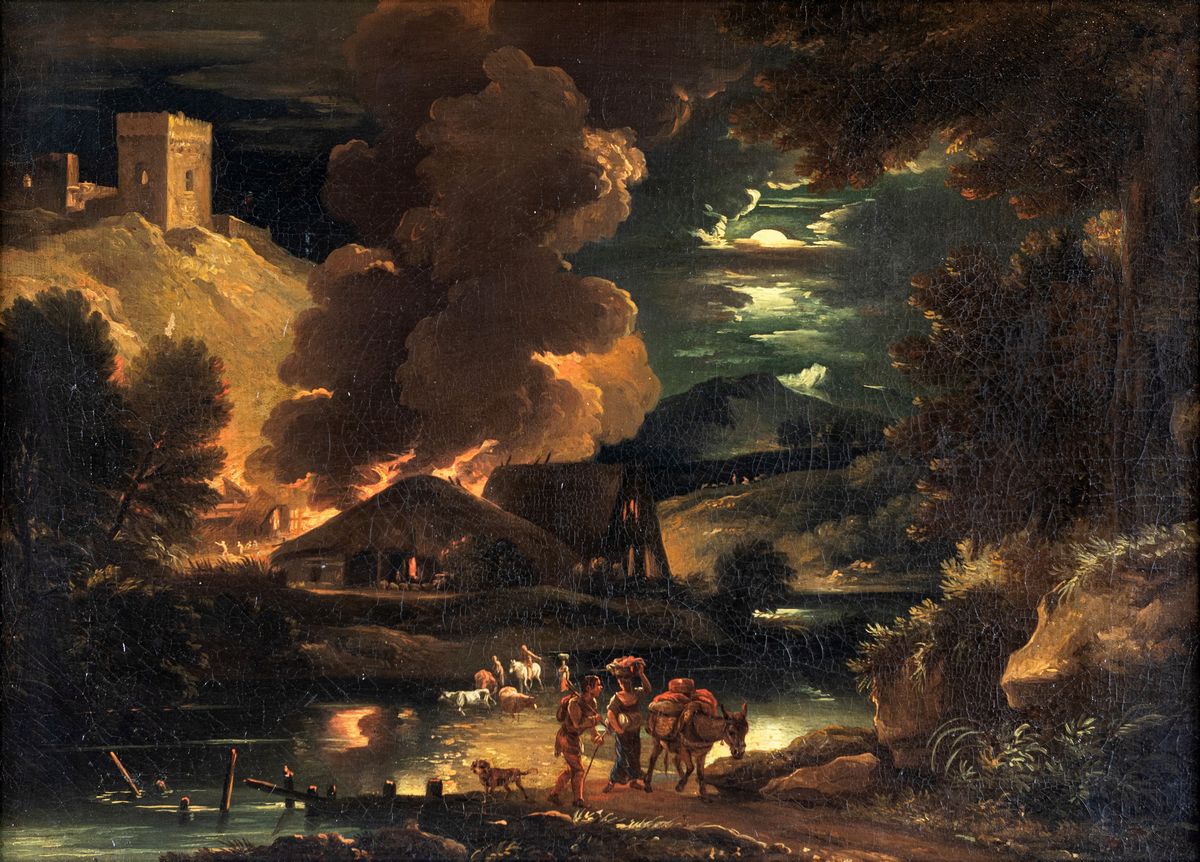 Pieter Muller Detto il Cavalier Tempesta - Fuga da un Villaggio in Fiamme al Chiaro di Luna