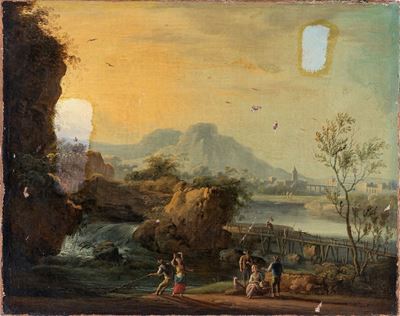 Paesaggio Fluviale con Edifici e Montagne in Lontananza