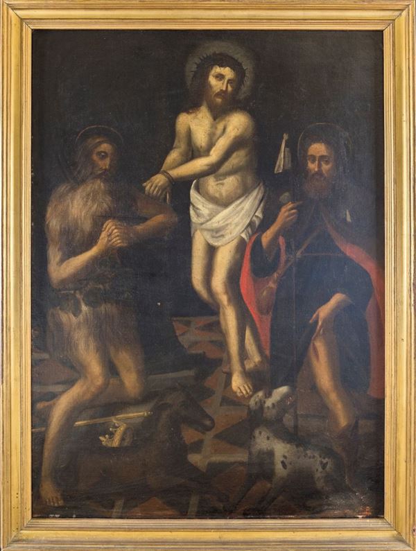 Pittore del XVII secolo - GESU&#39; TRA SAN GIOVANNI BATTISTA E SAN ROCCO