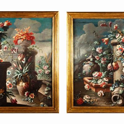 A) Natura Morta con Fiori, Vasi, Marmi e Recipienti B) Natura Morta