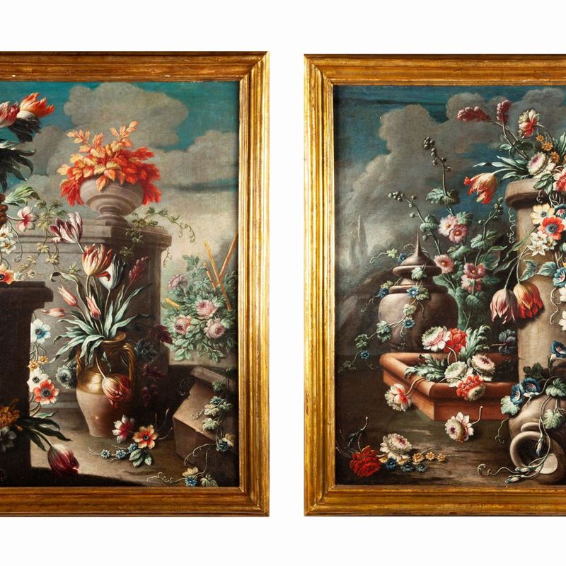 Pittore Romano del XVII Secolo - A) Natura Morta con Fiori, Vasi, Marmi e Recipienti B) Natura Mo...