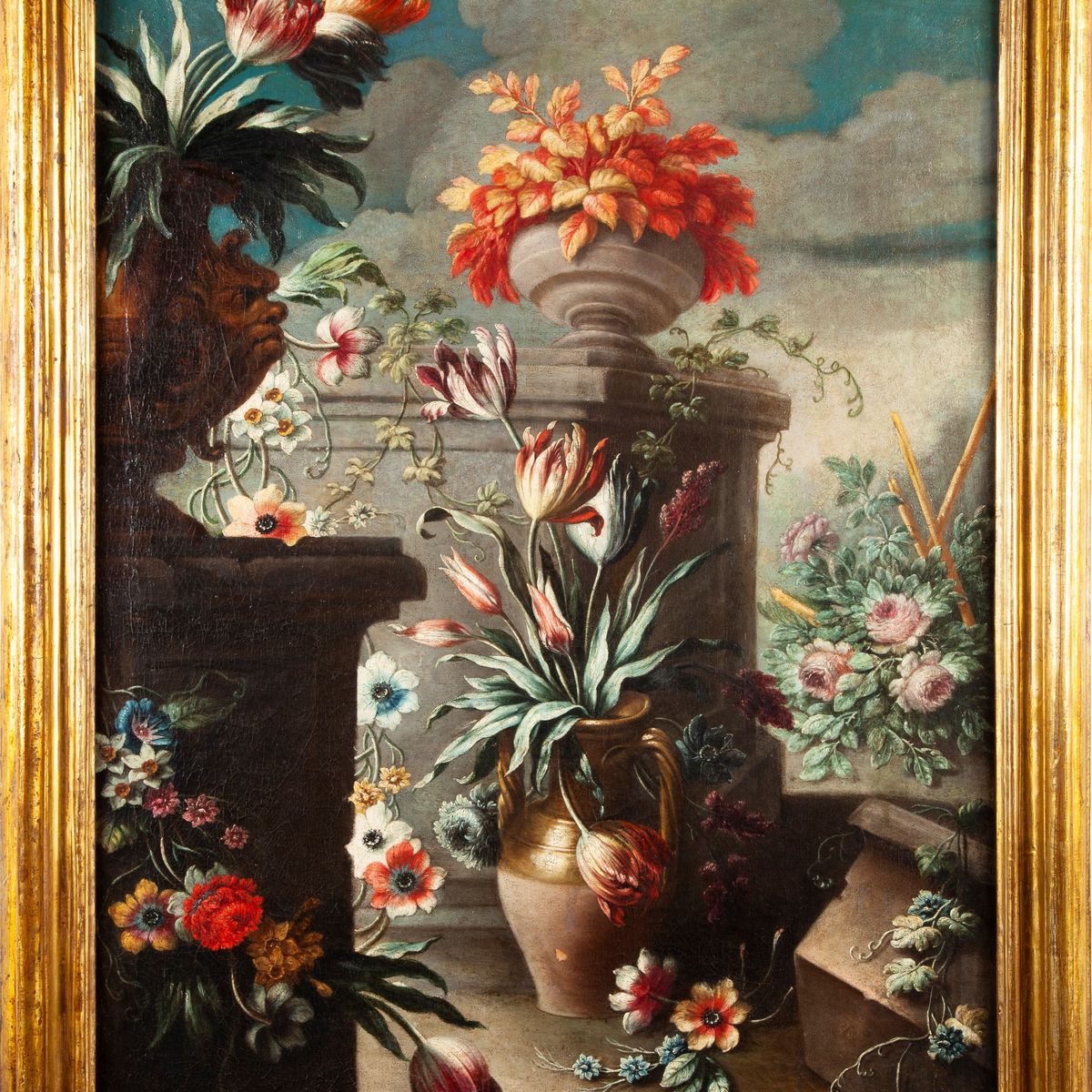 Pittore Romano del XVII Secolo - A) Natura Morta con Fiori, Vasi, Marmi e Recipienti B) Natura Mo...