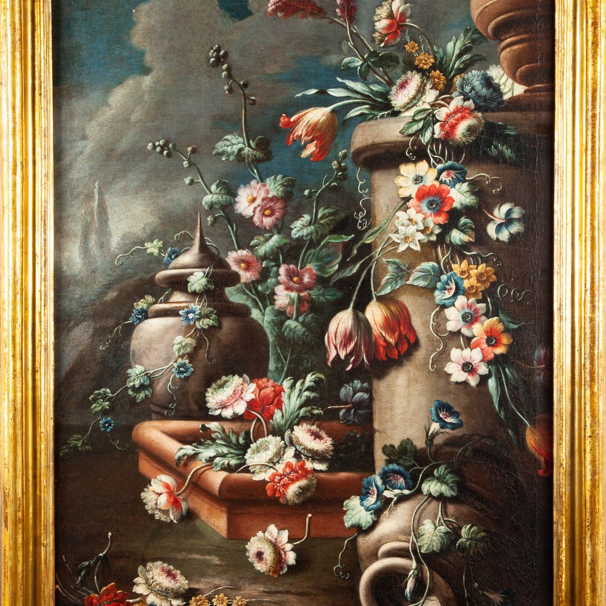 Pittore Romano del XVII Secolo - A) Natura Morta con Fiori, Vasi, Marmi e Recipienti B) Natura Mo...