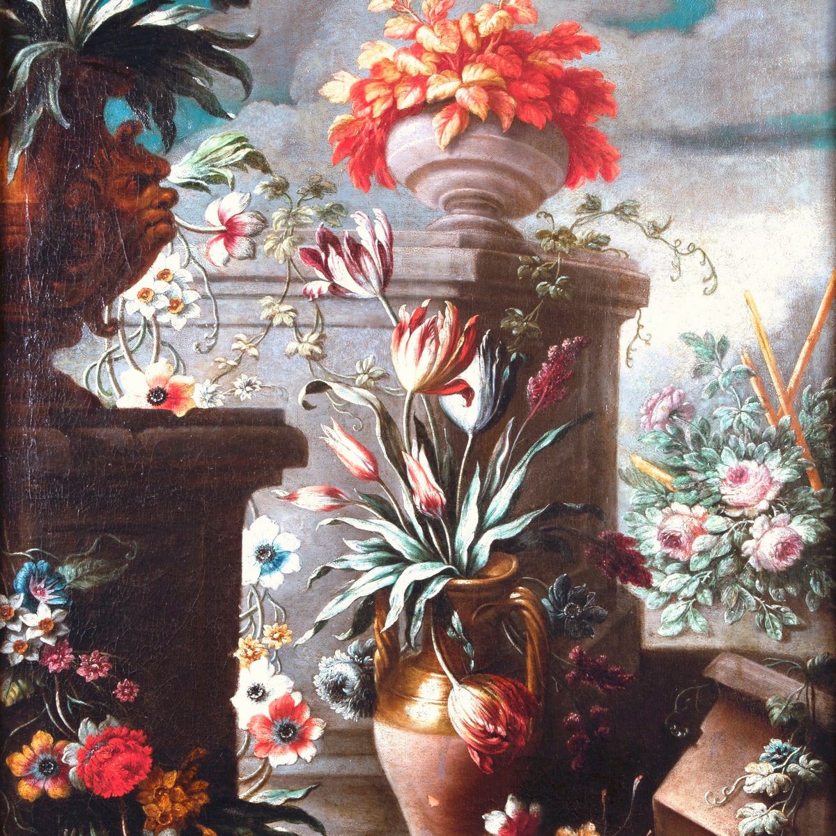 Pittore Romano del XVII Secolo - A) Natura Morta con Fiori, Vasi, Marmi e Recipienti B) Natura Mo...