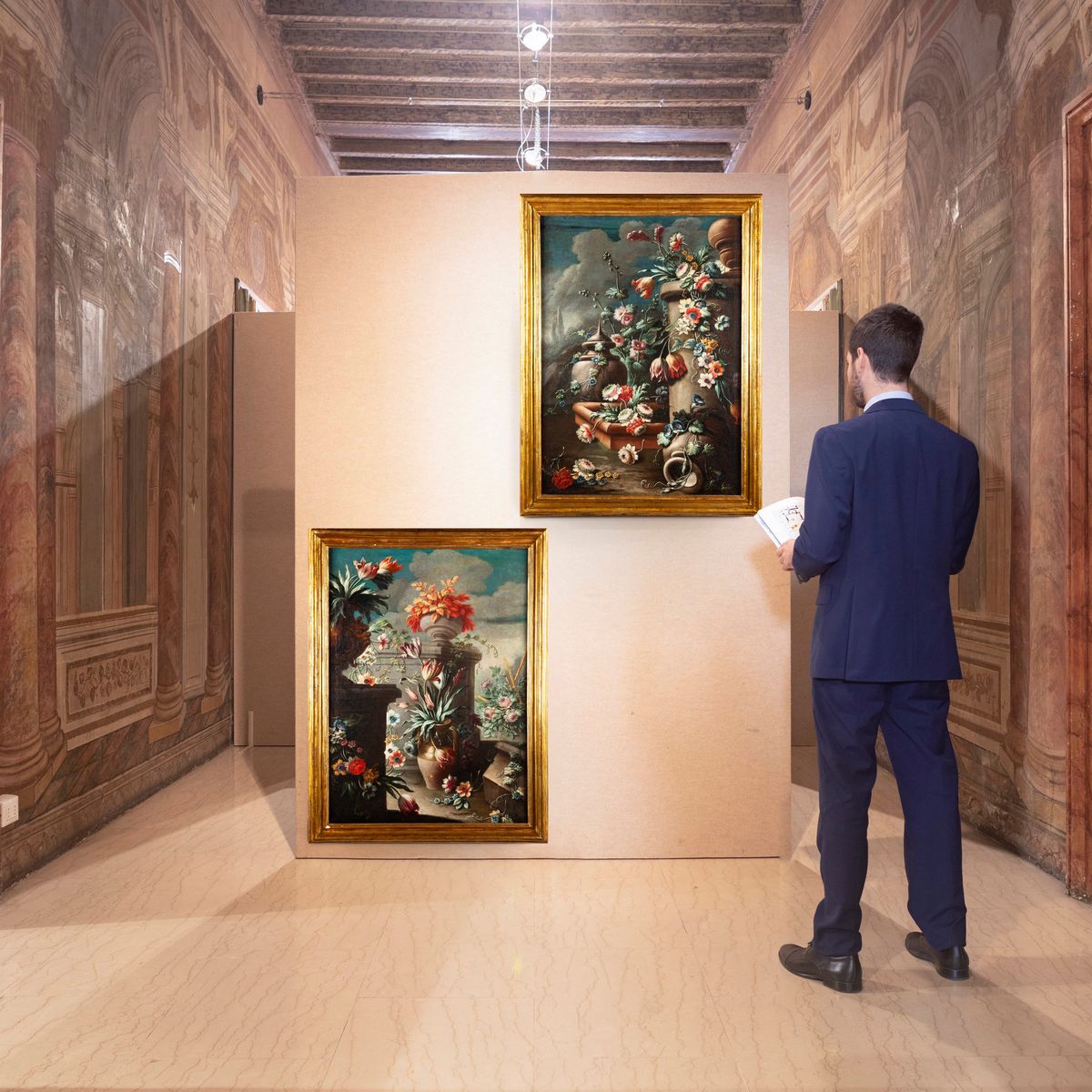 Pittore Romano del XVII Secolo - A) Natura Morta con Fiori, Vasi, Marmi e Recipienti B) Natura Mo...