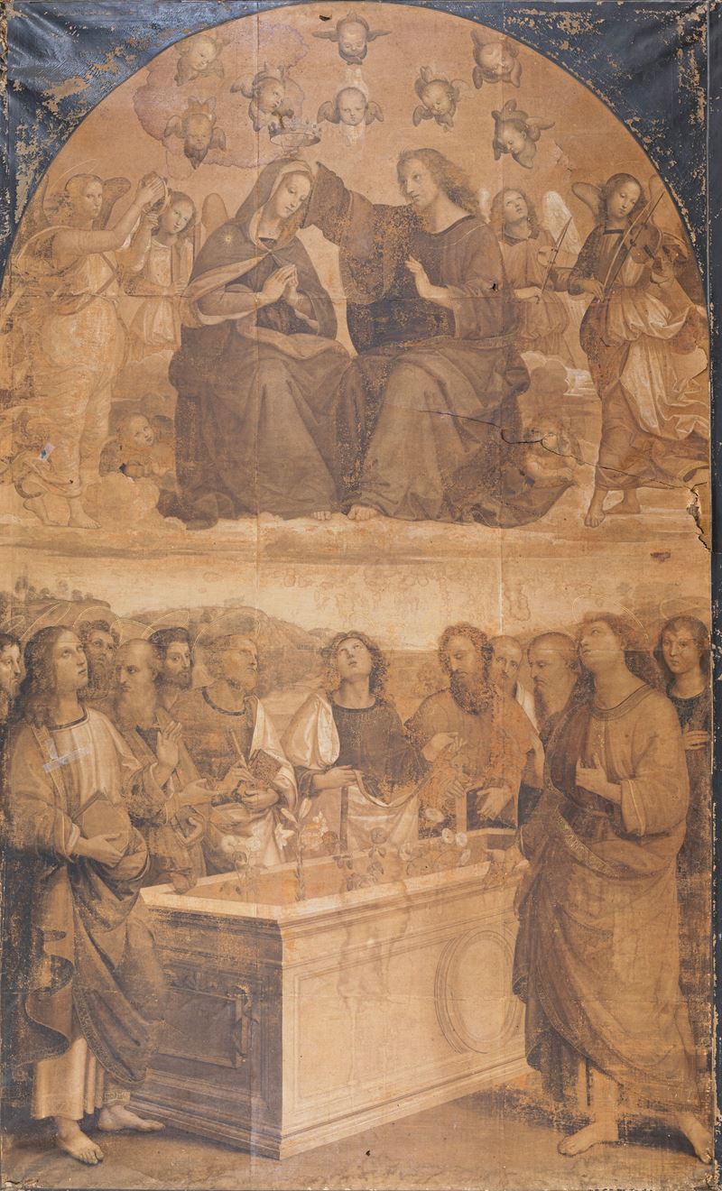 Pittore del XVIII Secolo - Grande riproduzione della Pala degli Oddi, tecnica mista su carta appl...