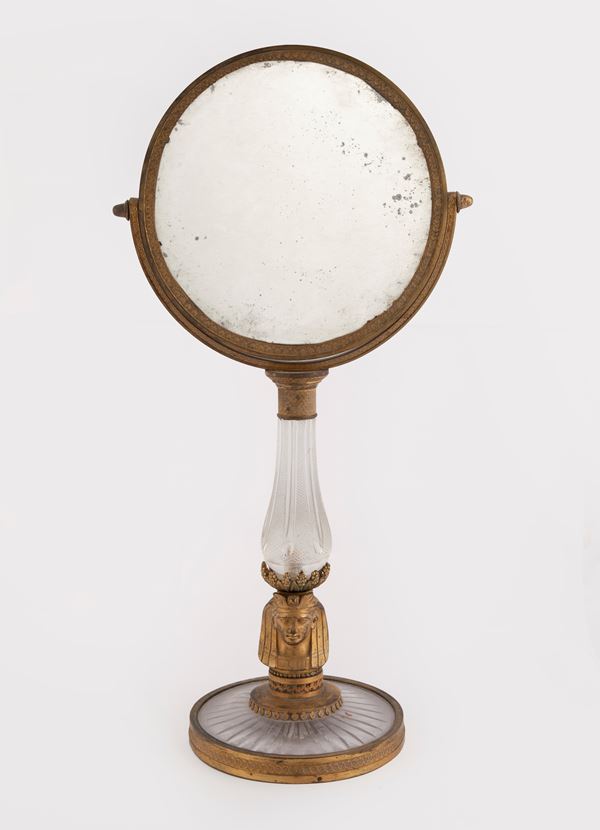 Specchio da toletta in bronzo e cristallo, Francia, retour d'Egypte, fine XVIII/inizio XIX secolo