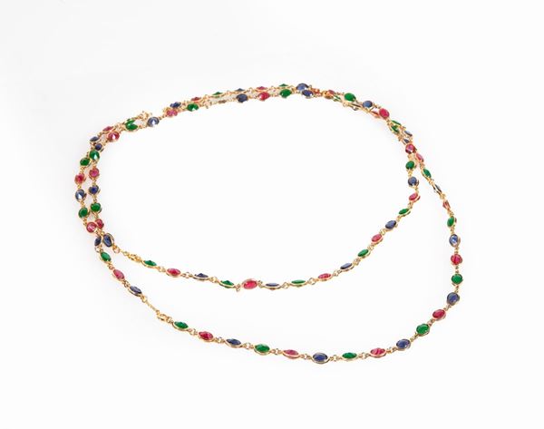 Collana doppia in argento dorato e pietre colorate