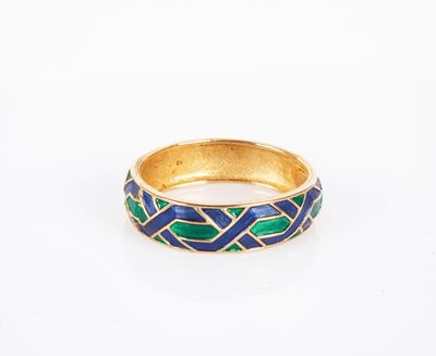 Bracciale Rigido in Metallo Dorato, Smalti Blu e Verdi.