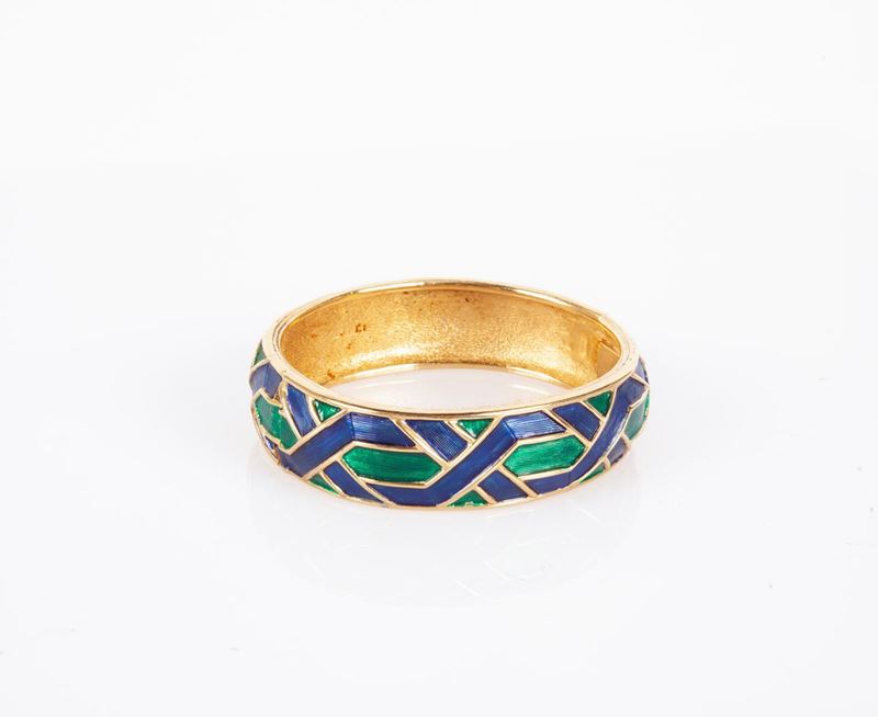 Bracciale Rigido in Metallo Dorato, Smalti Blu e Verdi.