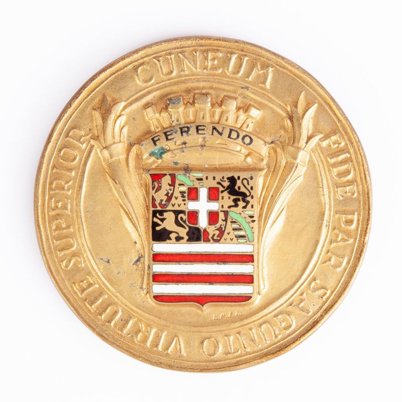 Medaglia Città di Cuneo in Bronzo Dorato e Smaltato con Stemma e Riproduzione del Sigillo Trecent...