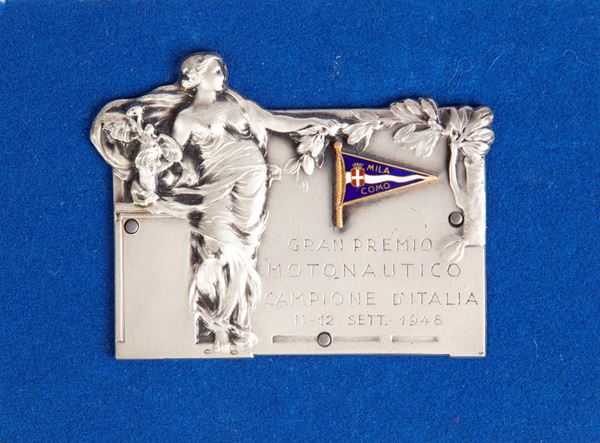 Placchetta in argento 800/000 del Gran Premio motonautico Milano-Como - Campione d'Italia 11-12 Settembre 1948 