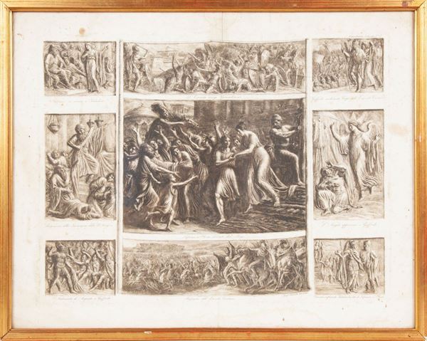 Ademollo Luigi - Luigi Ademollo inv. e inc. - Tavola I degli Episodi della Gerusalemme Liberata di Torquato Tasso (Sofronia ed Olinto liberati dal rogo, contornati da altre 8 scene di Goffredo, Sofronia ed Olindo)