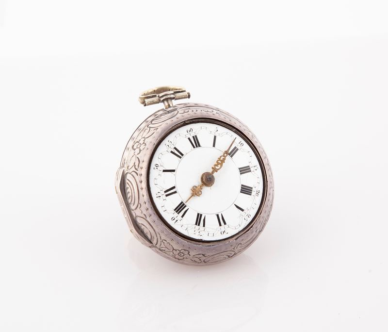 Clive London - Orologio da Tasca a Doppia Cassa in Argento 1760 Ca. Scappamento a Verga con Caric...