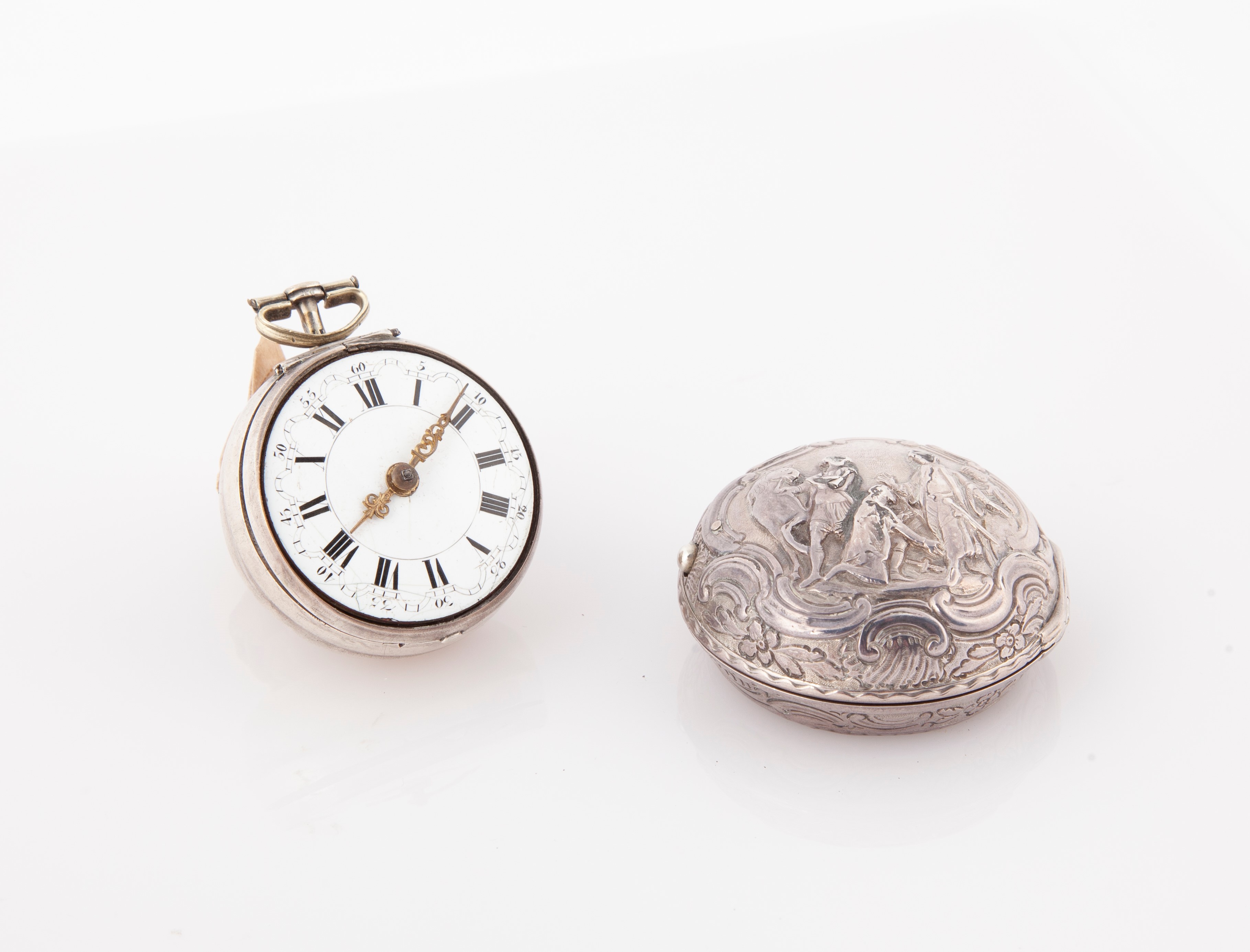 Clive London - Orologio da Tasca a Doppia Cassa in Argento 1760 Ca. Scappamento a Verga con Caric...
