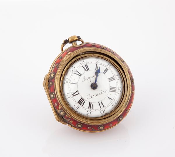 Jacques Castanier - Orologio da tasca a doppia cassa in leton 1760 ca. Terza cassa in metallo smaltato. Scappamento a verga con carica a chiavetta. Quadrante in smalto. Firmato sul quadrante e sulla piastra in ottone dorato.