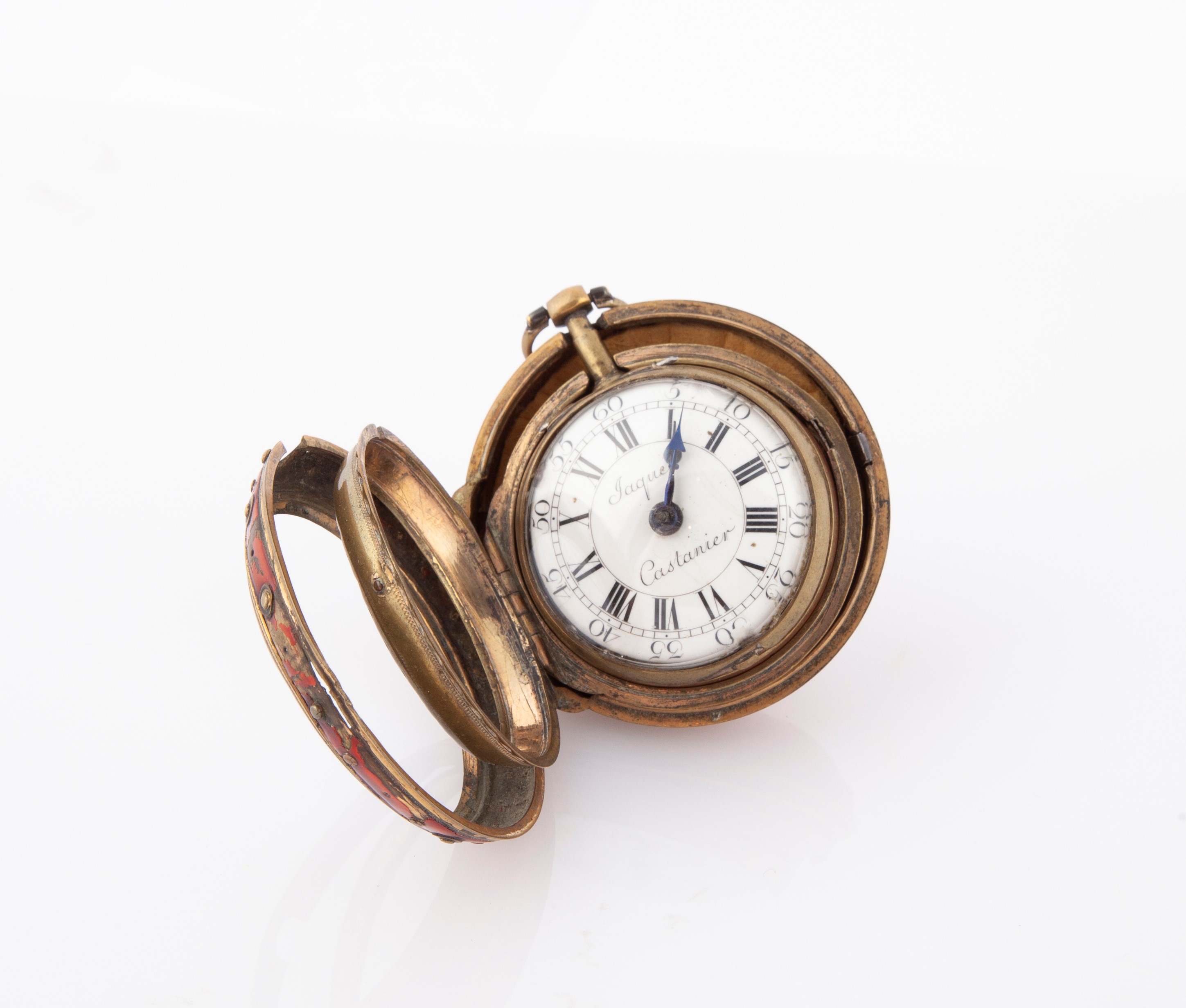 Jacques Castanier - Orologio da Tasca a Doppia Cassa in Leton 1760 Ca. Terza Cassa in Metallo Sma...