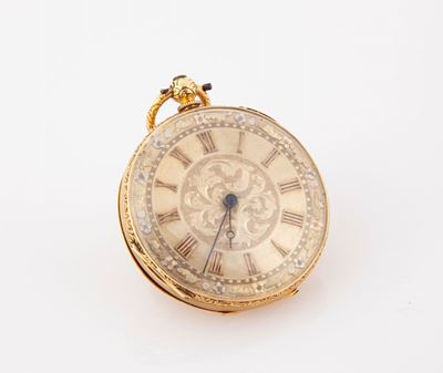 Orologio da Tasca con Meccanismo a Cilindro con Carica a Chiavetta, Cassa in Oro a Basso Titolo F...