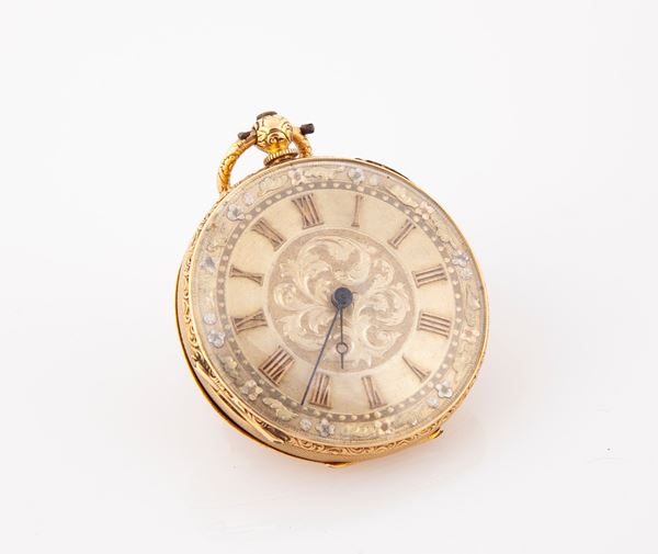 Orologio da tasca con meccanismo a cilindro con carica a chiavetta, cassa in oro a basso titolo firmata WM Sibson. Firmato sulla piastra Piaget Geneve.