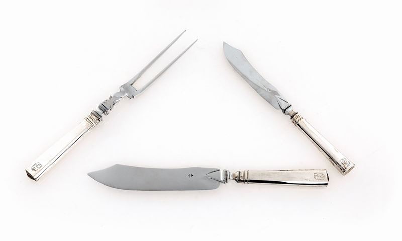Tre Antiche Posate da Arrosto con Manici in Argento con Iniziali Incise