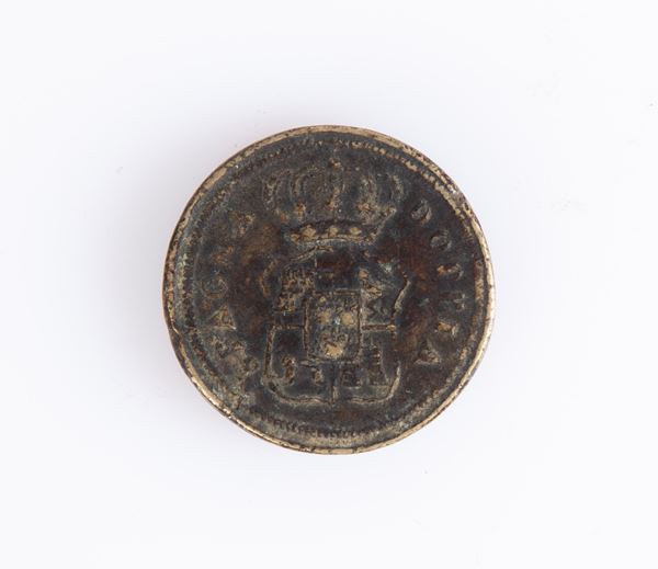 Peso monetale uniface in bronzo Doppia di Spagna con stemma del Regno di Spagna