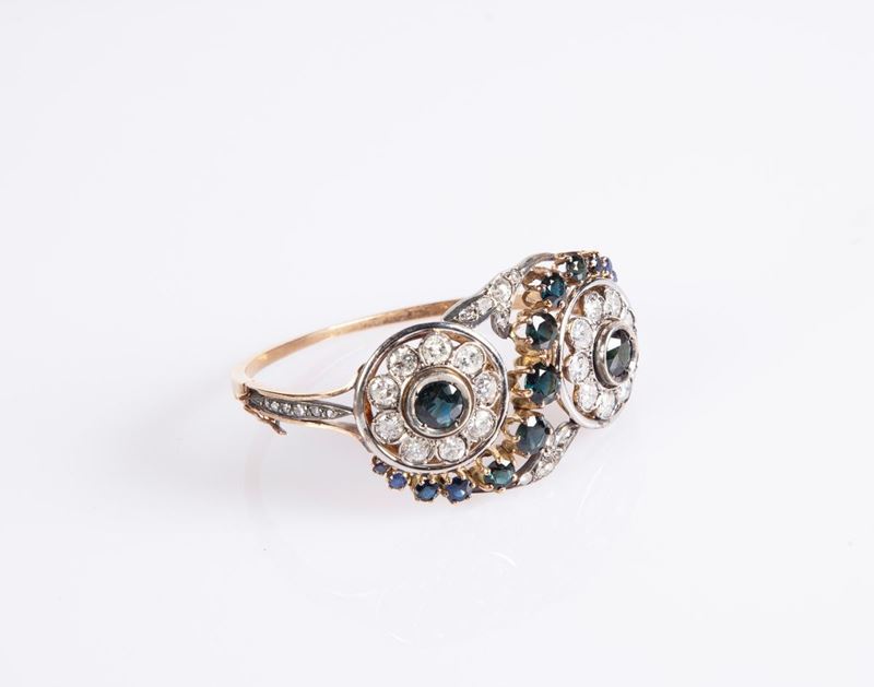 Bracciale Rigido Anni '50 in Oro, Brillanti e Zaffiri
